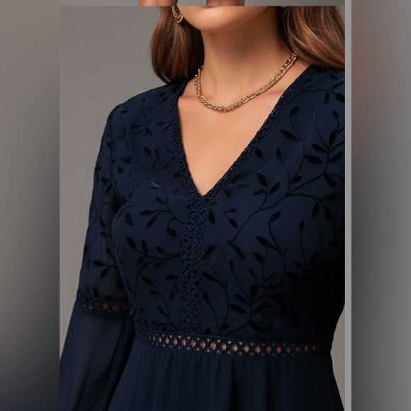 Guipure Lace Insert Lantern Sleeve Chiffon Dress Blue - Picture 2 of 12